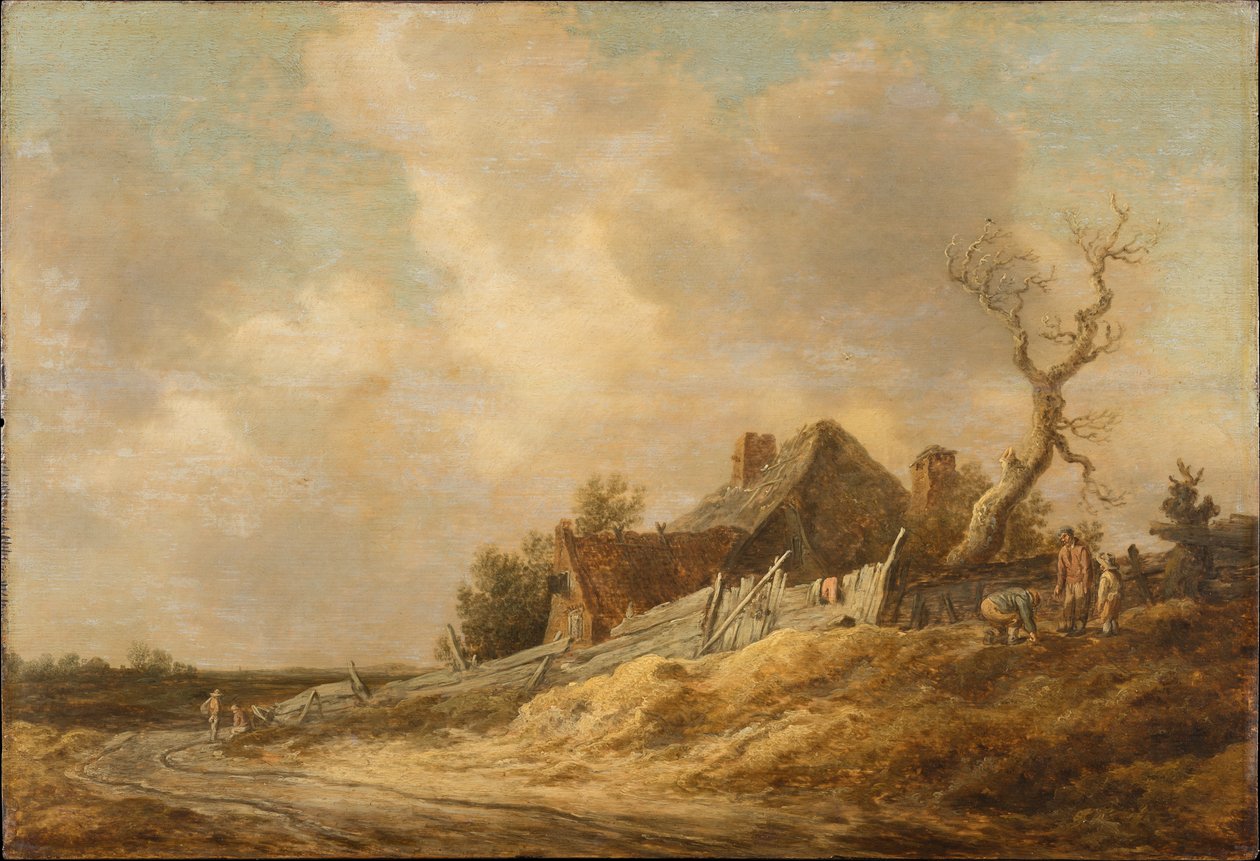 Onverharde weg met boerderij en houten schutting door Jan van Goyen