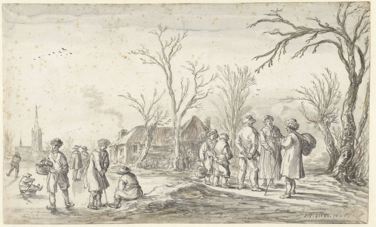 Figuren bij een dorp in de winter door Jan van Goyen