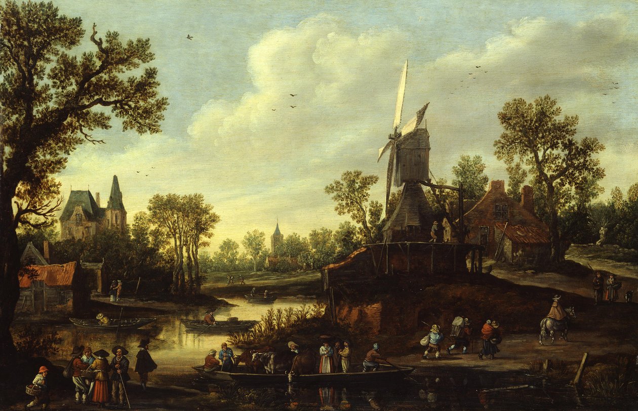 Duits: Flusslandschaft mit Fähre Rivierlandschap met een veerboot door Jan van Goyen