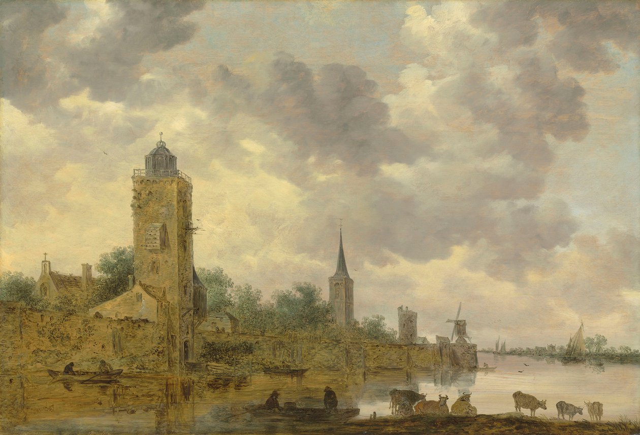 Landschap met stadsmuur en vuurtoren door Jan van Goyen