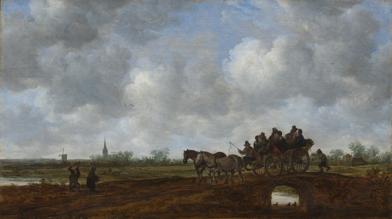 Landschap met paardenwagen op een brug door Jan van Goyen