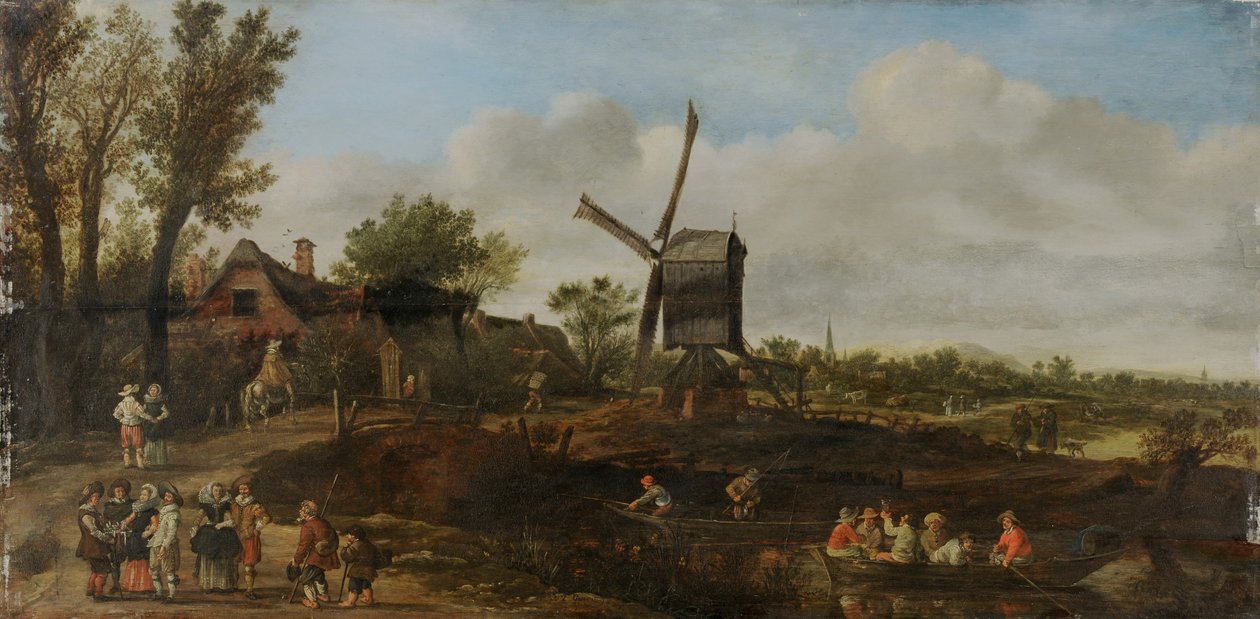 Rivierlandschap met windmolen en boten door Jan van Goyen