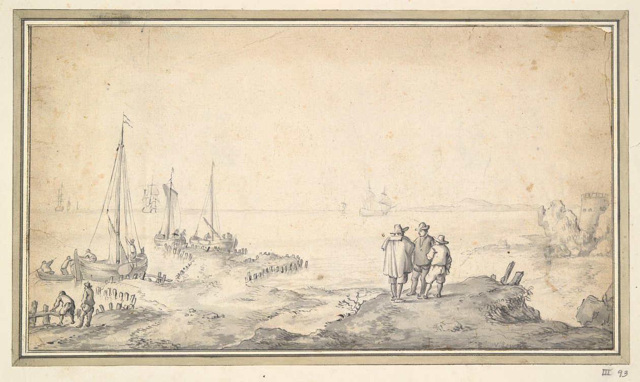 Drie figuren op een duin met uitzicht op baai met schepen door Jan van Goyen