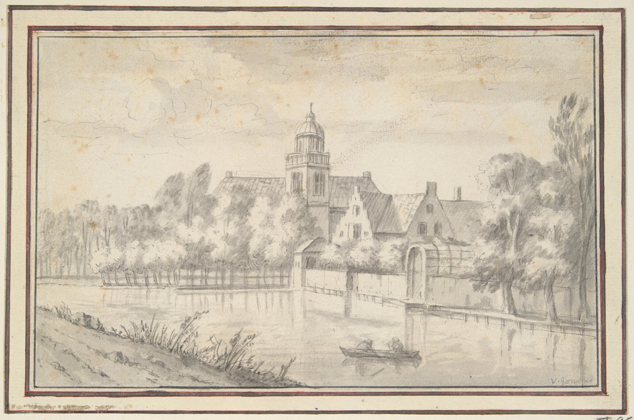 Uitzicht op kasteel en huis aan de rivier door Jan van Goyen