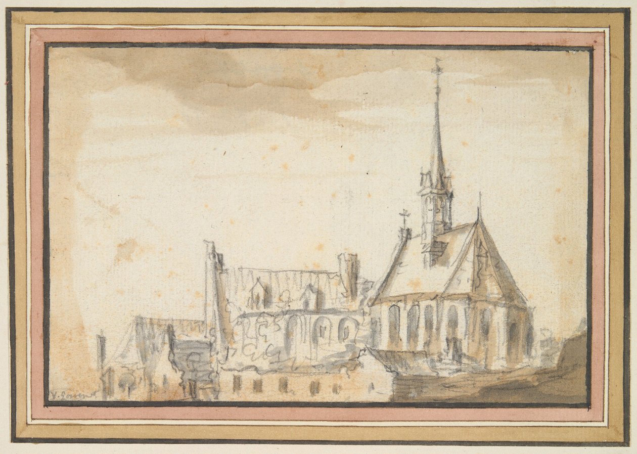 Gezicht op een kerk en andere gebouwen door Jan van Goyen
