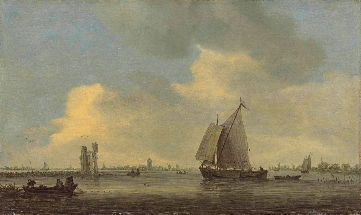 Gezicht op de rivier de Merwede en de ruïne van het Huis te Merwede; op de achtergrond Dordrecht door Jan van Goyen