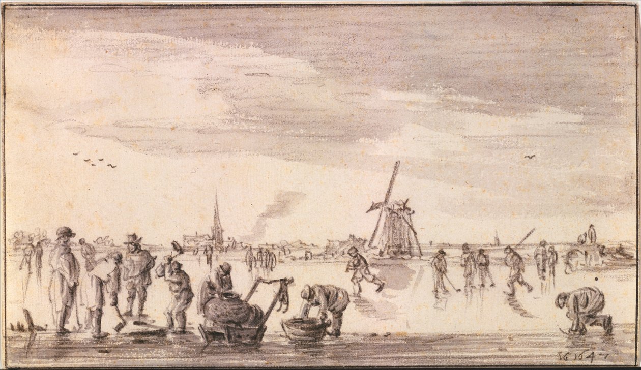 Winterlandschap met schaatsers en vissers door Jan van Goyen