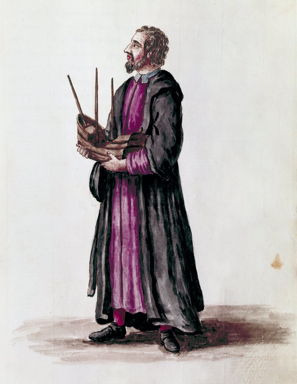 Voorstelling van een scheepsarchitect, hij hield in zijn handen het miniatuurmodel van het schip dat hij bouwde (detail). Aquarel en inkttekening uit het manuscript “Gewoonten van de Venetianen” door Jan van Grevenbroeck (of Giovanni Grevembroch) (1731-180 door Jan van Grevenbroeck