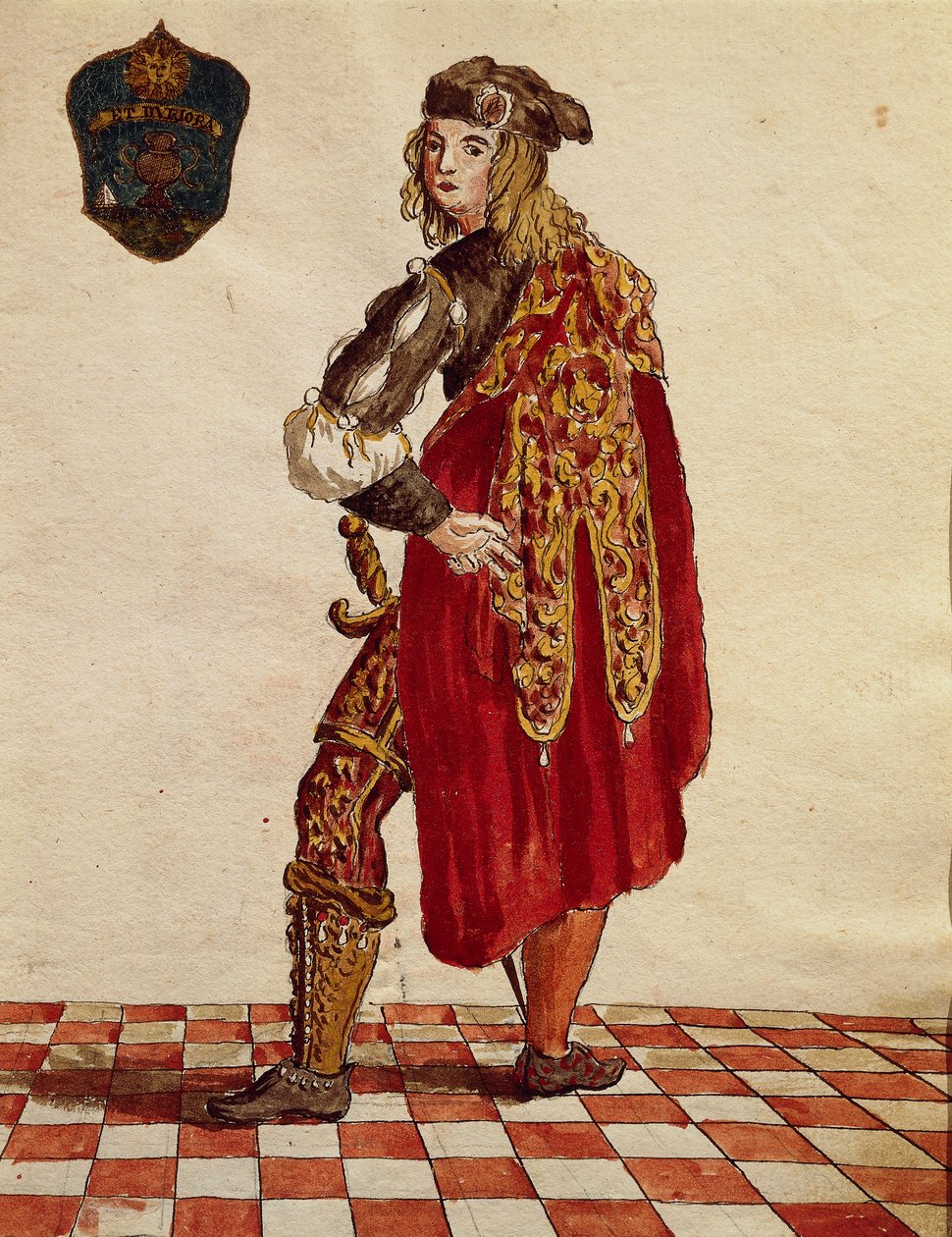 Kostuum van ridder van de Broederschap de la Calza (Stocking) in 1564, uit Gli Abiti de Veneziani, geïllustreerd kostuumboek, aquarel door Jan van Grevenbroeck