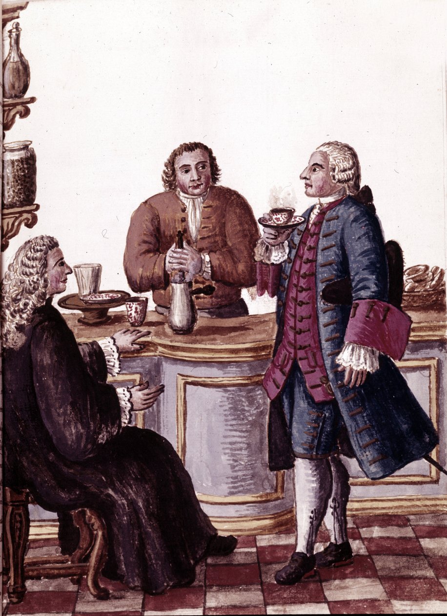 Venetiaanse edelen bij koffie, een van hen geniet van een chocolade. Aquarel en inkt uit het manuscript 