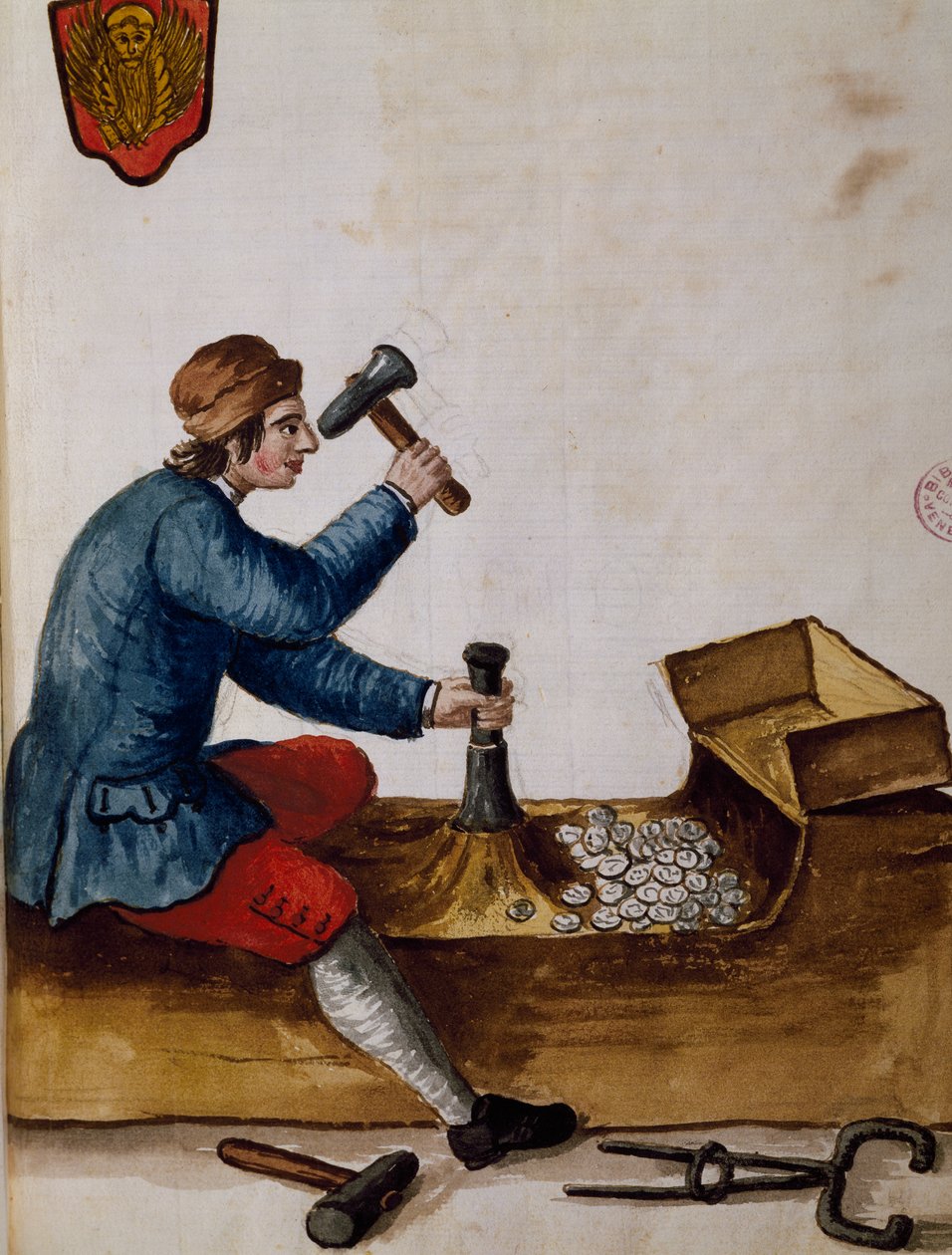 Werker bij munt, illustratie uit Geïllustreerd boek van Venetiaanse kostuums, door Jan Grevenbroeck, aquarel, Italië door Jan van Grevenbroeck