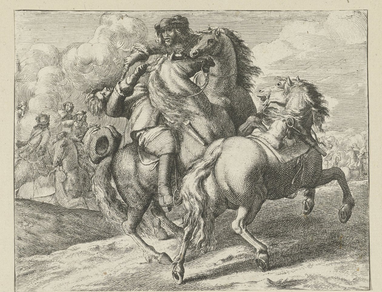 Militair te paard neergeschoten Cavaleriescènes (series title) door Jan van Huchtenburg (possibly copy after)