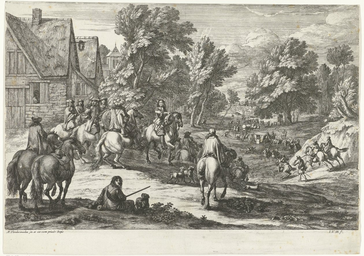 Gezicht op een dorp met ruiters op de voorgrond door Jan van Huchtenburg
