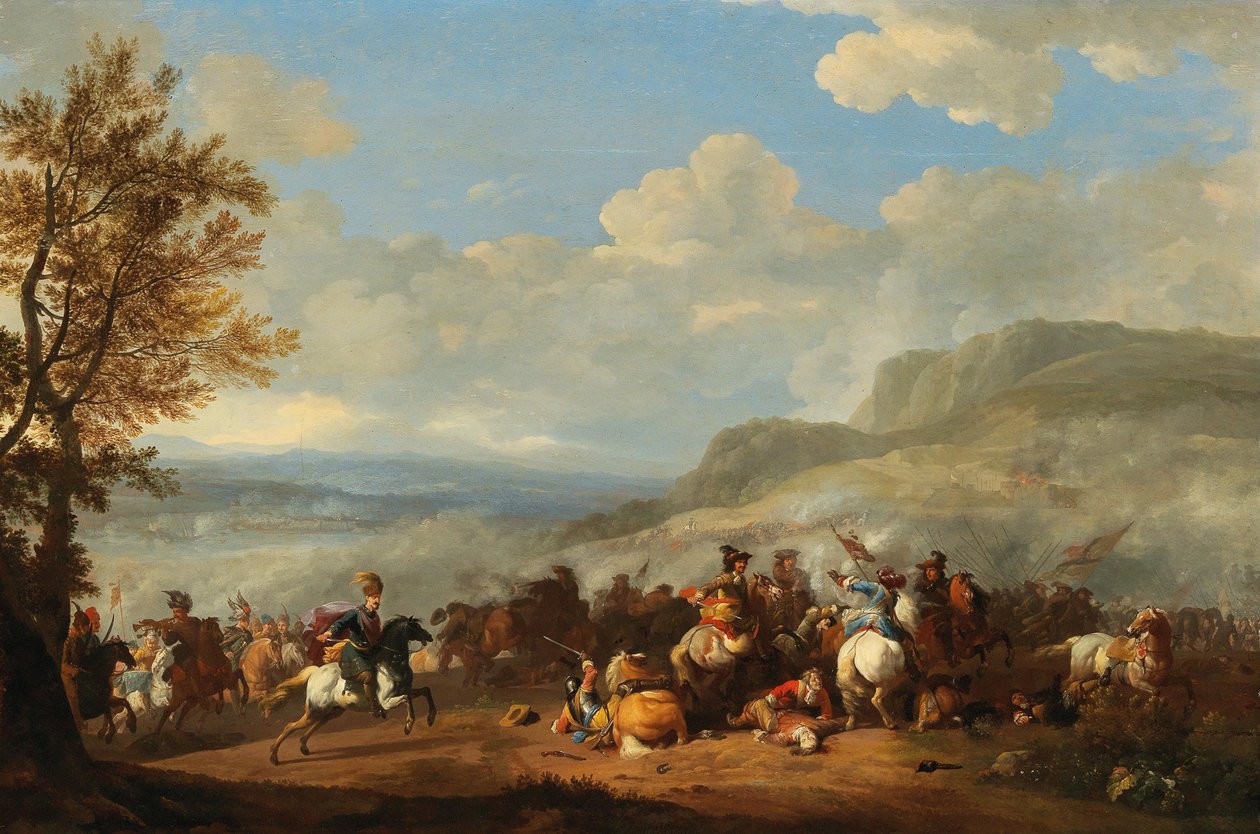 Een cavaleriegevecht tussen Turken en Europeanen door Jan van Huchtenburgh