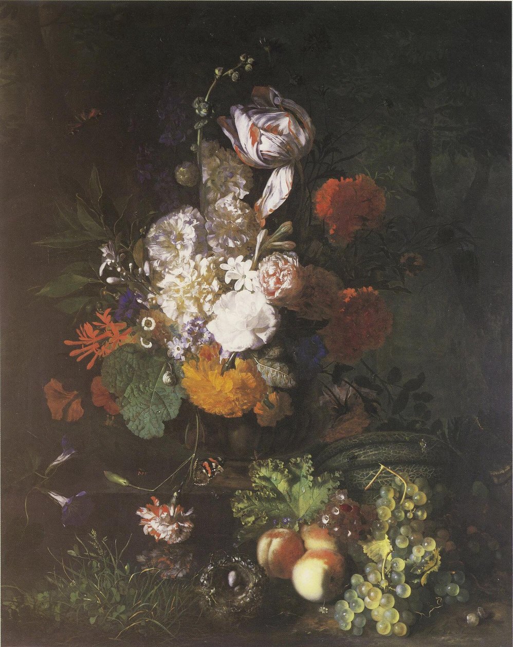Bloemstuk met fruit en graszoden door Jan van Huysum