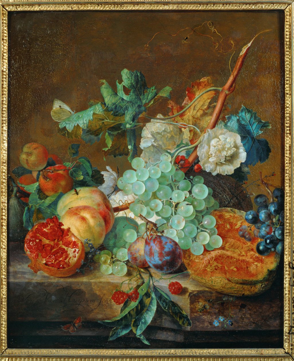 Bloemen en fruit (schilderij op canvas) door Jan van Huysum