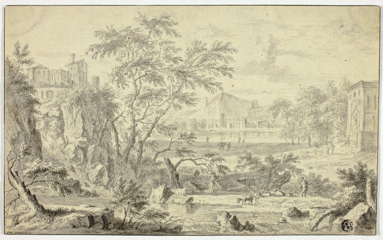 Italiaans Landschap met Herder en Kudde bij Stroom, Stad in de Verte door Jan van Huysum