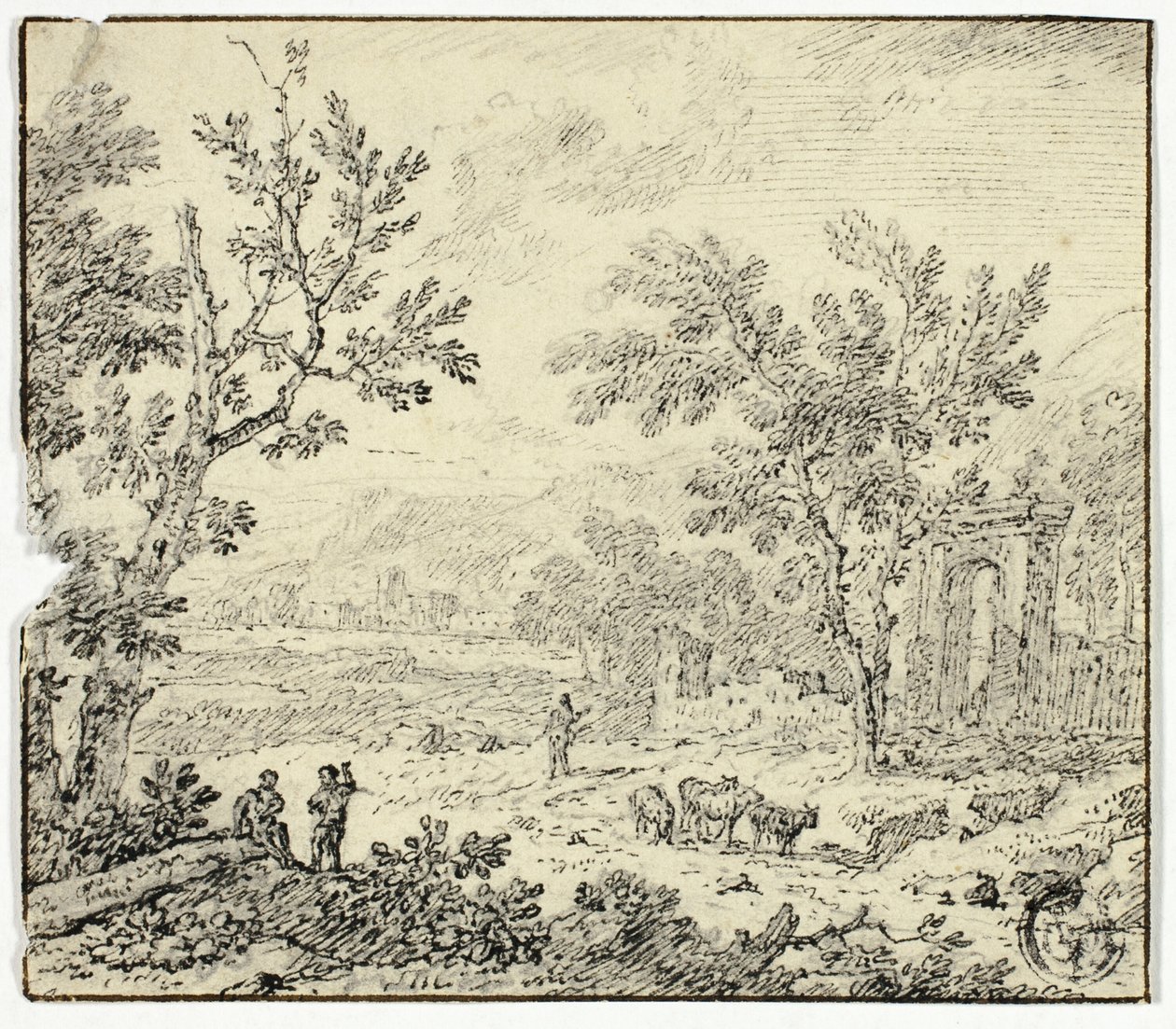 Landschap met geiten, geitenhoeder en ruïnes door Jan van Huysum