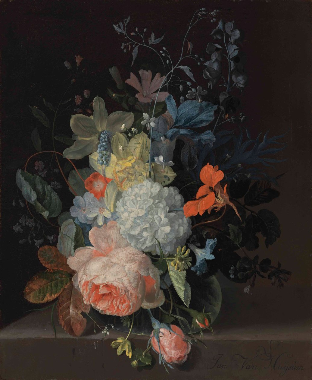 Vaas met bloemen op een richel, met een roos, een sneeuwbal, narcissen en irissen door Jan van Huysum