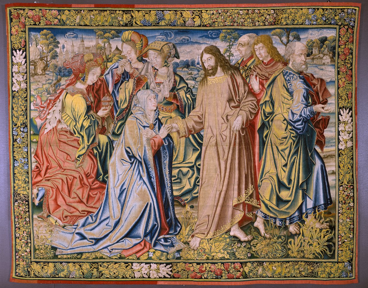 Vlaamse wandtapijt. Serie Hemel van Karel V. Christus neemt afscheid van zijn moeder. Cartonist Jan van Coninxloo. Fabriek van Julien Portois, Mechelen. Ca 1521. door Jan van II Coninxloo