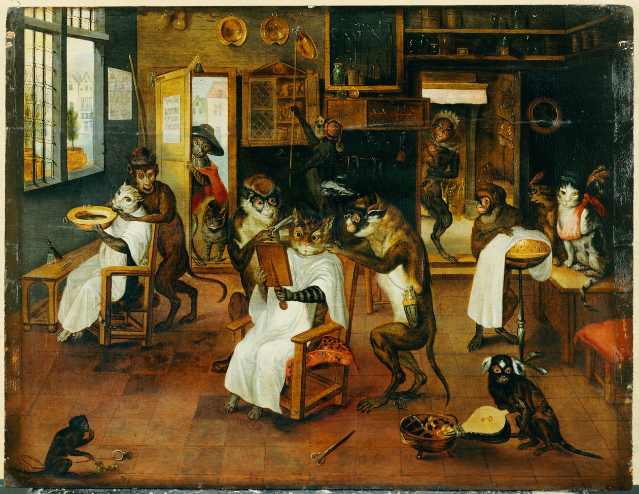 Een Singerie: Apenkappers die Katten Bedienen door Jan van Kessel