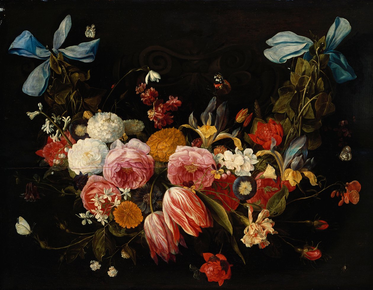 Een guirlande van rozen, tulpen, dahlia