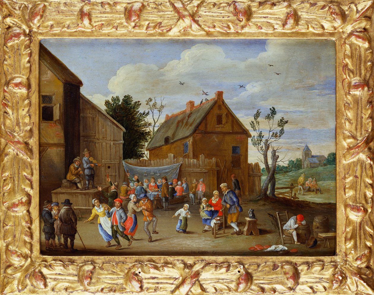 Een bruiloftsfeest in een binnenplaats van een herberg door Jan van Kessel