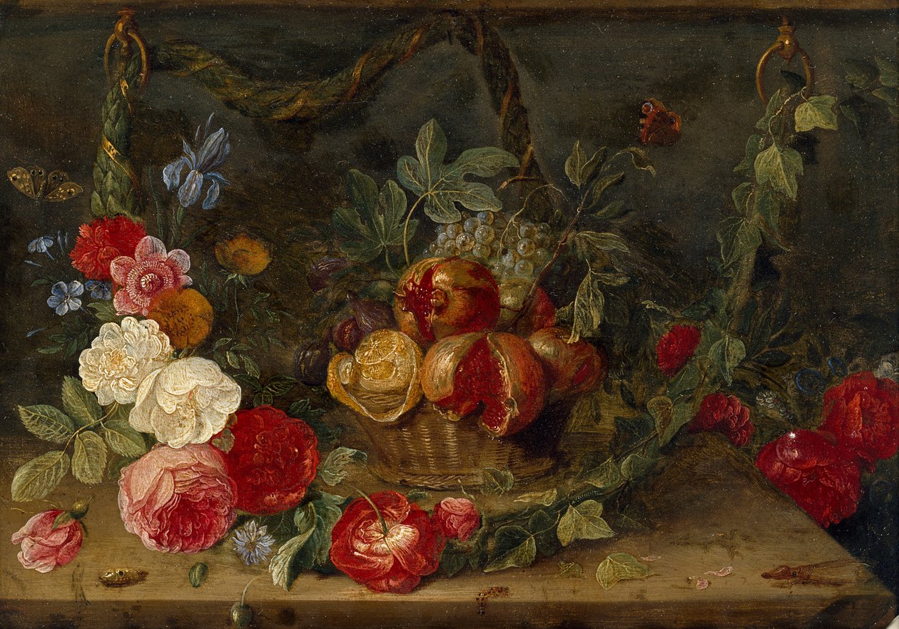Decoratieve stilleven compositie met een mand fruit door Jan van Kessel