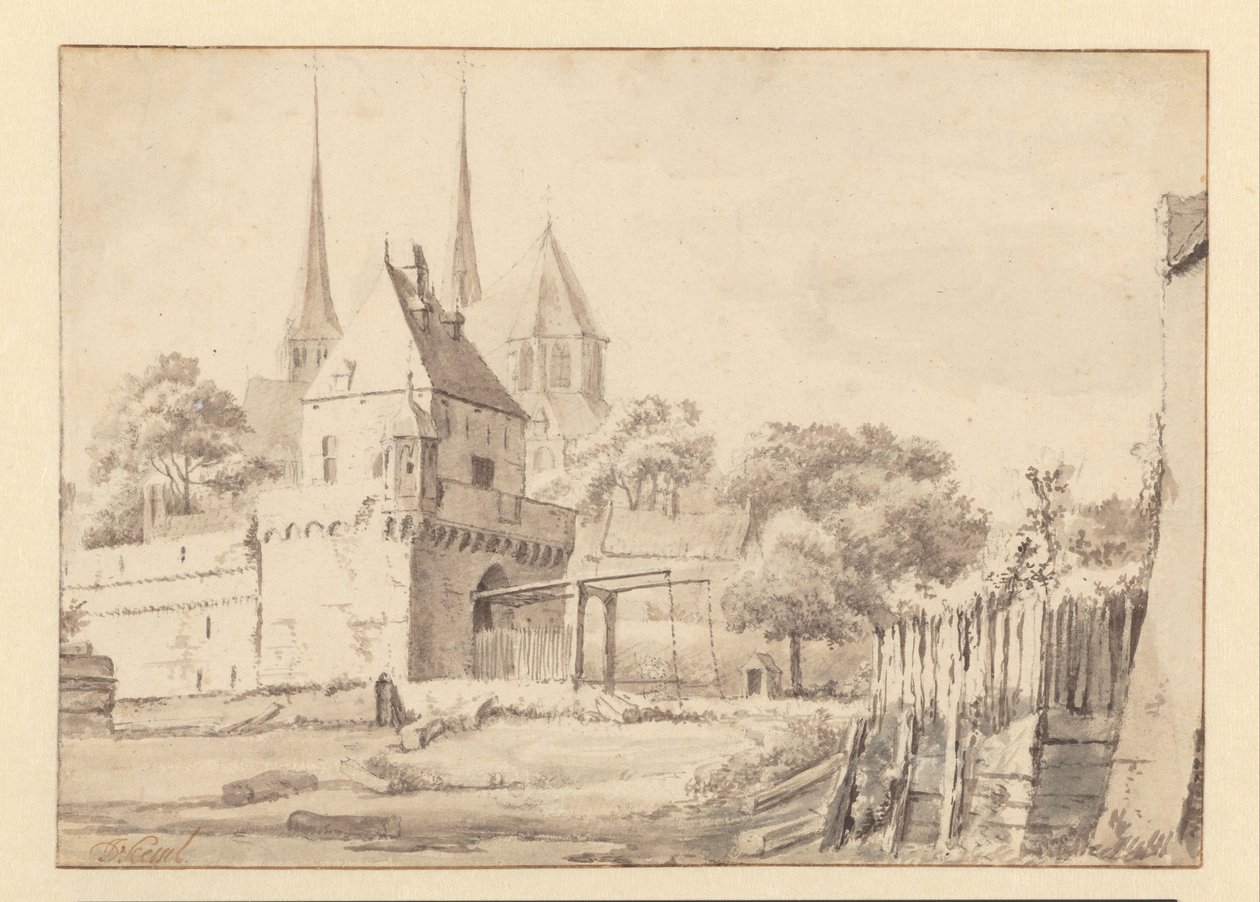 Gezicht op de Bergpoort en Bergkerk in Deventer door Jan van Kessel
