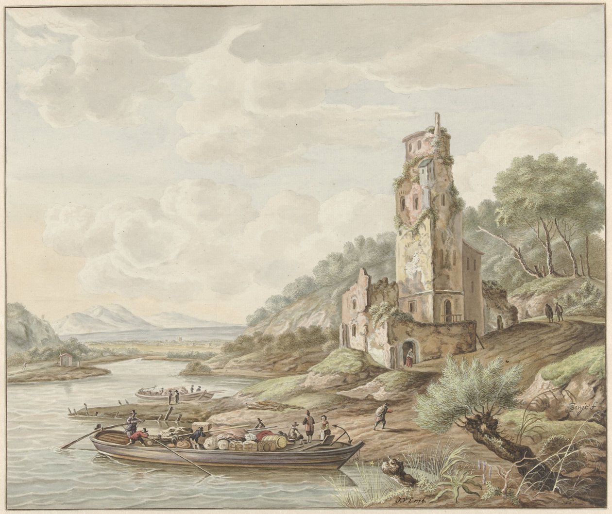 Landschap met schuit met koopwaar bij een kasteel door Jan van Lockhorst