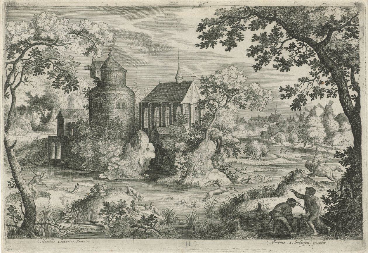 Hertenjacht bij een kapel door Jan van Londerseel