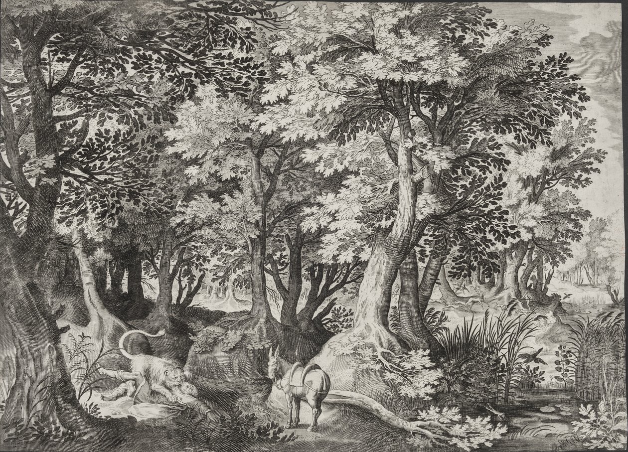 Landschap met de ongehoorzame profeet die door een leeuw wordt verslonden door Jan van Londerseel