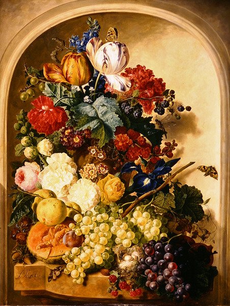 Stilleven: bloemen en fruit door Jan van Os