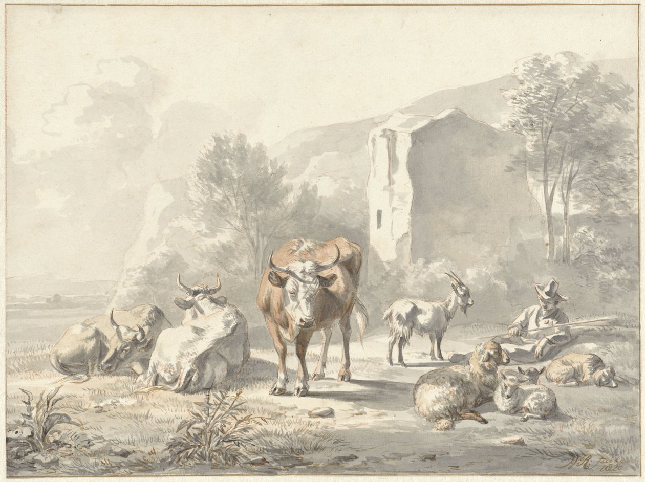 Landschap met vee en ruïne door Jan van Ravenswaay