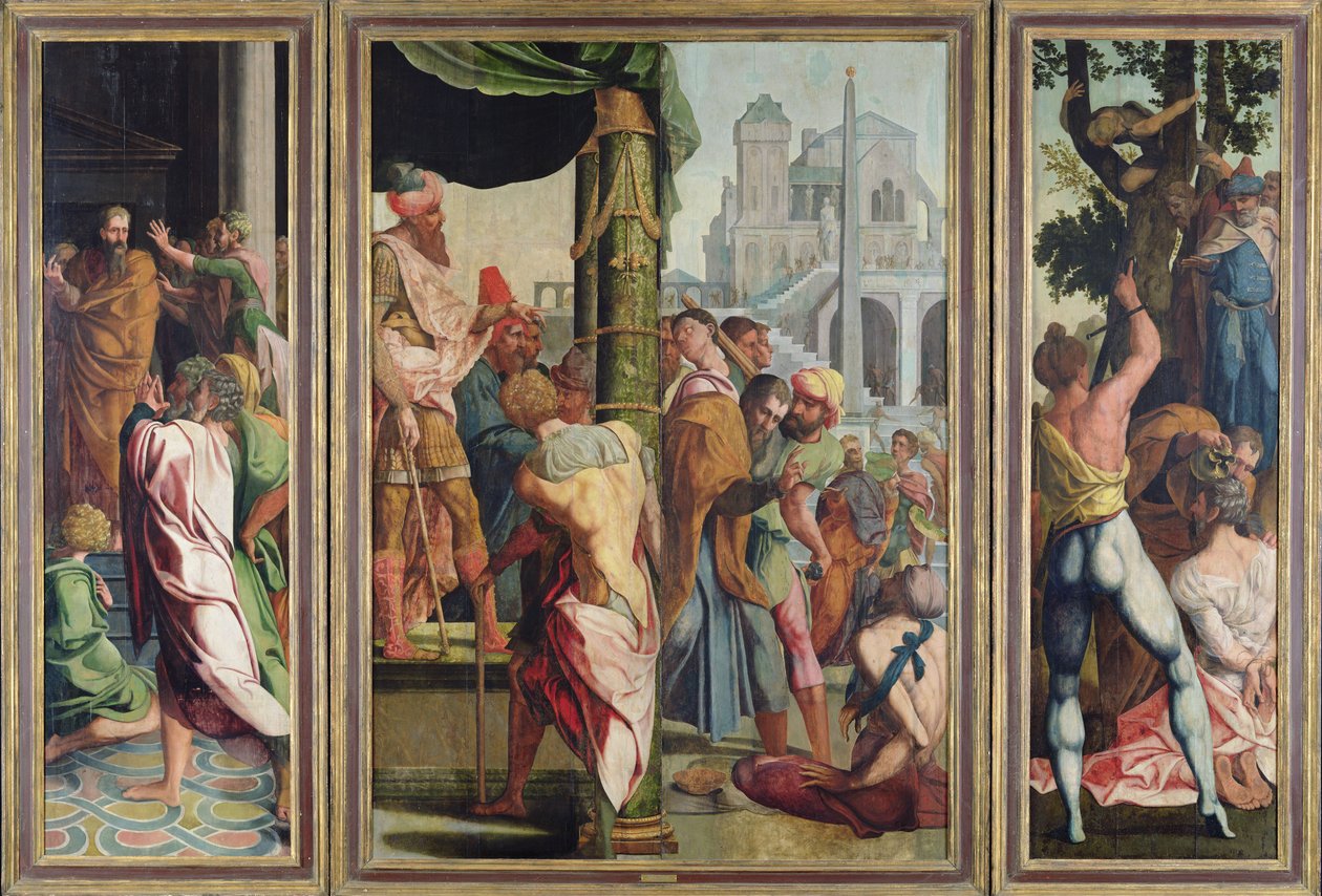 De preek, arrestatie en martelaarschap van St. Jacobus de Meerdere, van het Polyptiek van St. Stefanus en St. Jacobus de Meerdere, c.1541 door Jan van Scorel