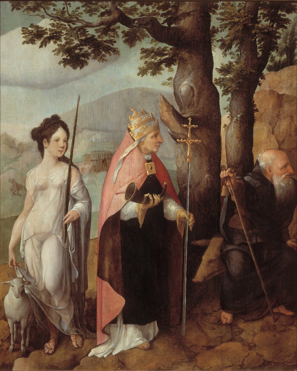 Drieluik met De Intocht van Christus in Jeruzalem, heiligen en aan de buitenkant van de vleugels, beschermheiligen van de familie Van Lokhorst door Jan van Scorel