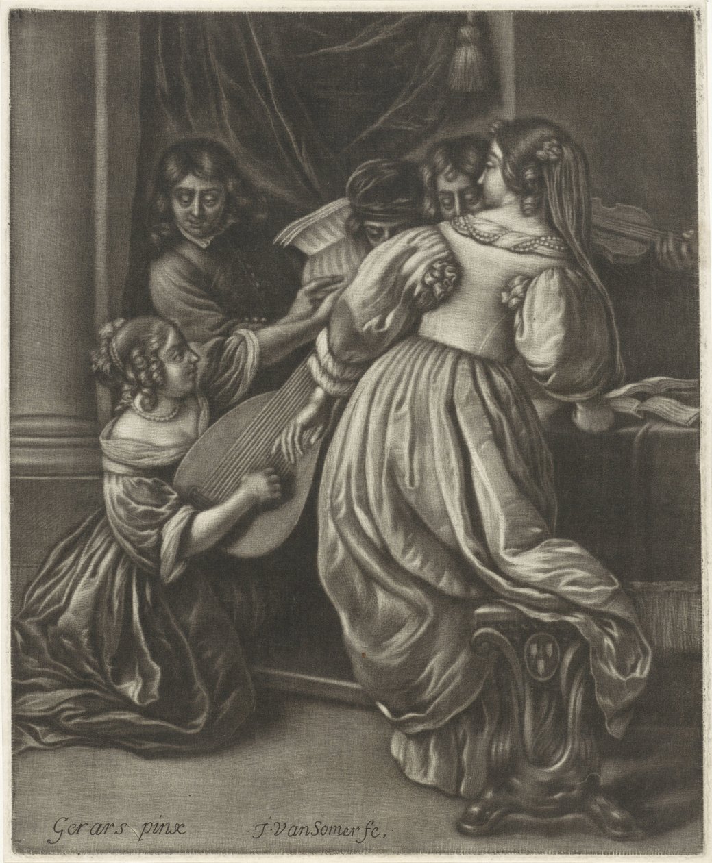 Musicerend gezelschap rond een tafel door Jan van Somer