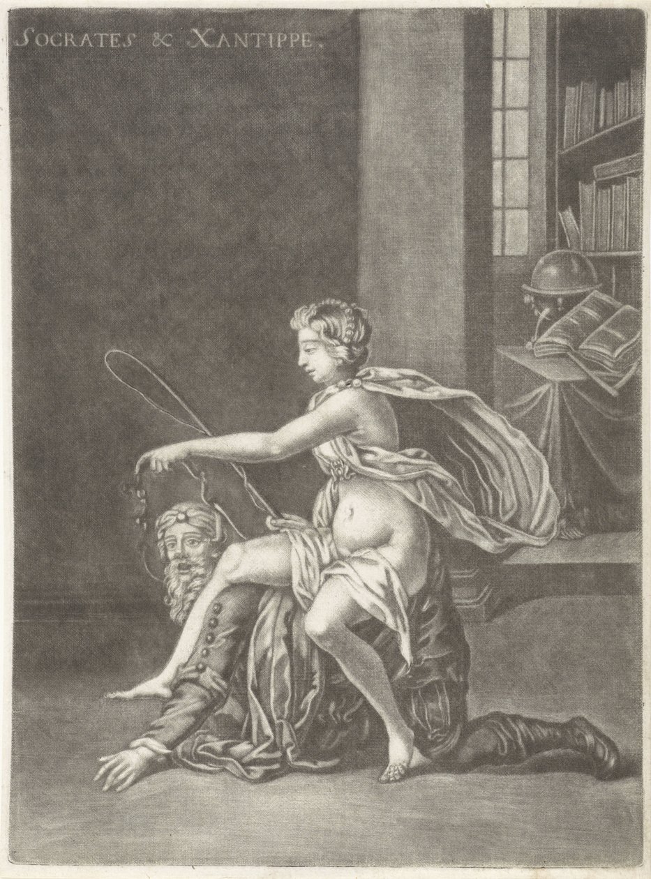 Socrates door zijn vrouw bespot Socrates & Xantippe (titel op object) door Jan van Somer