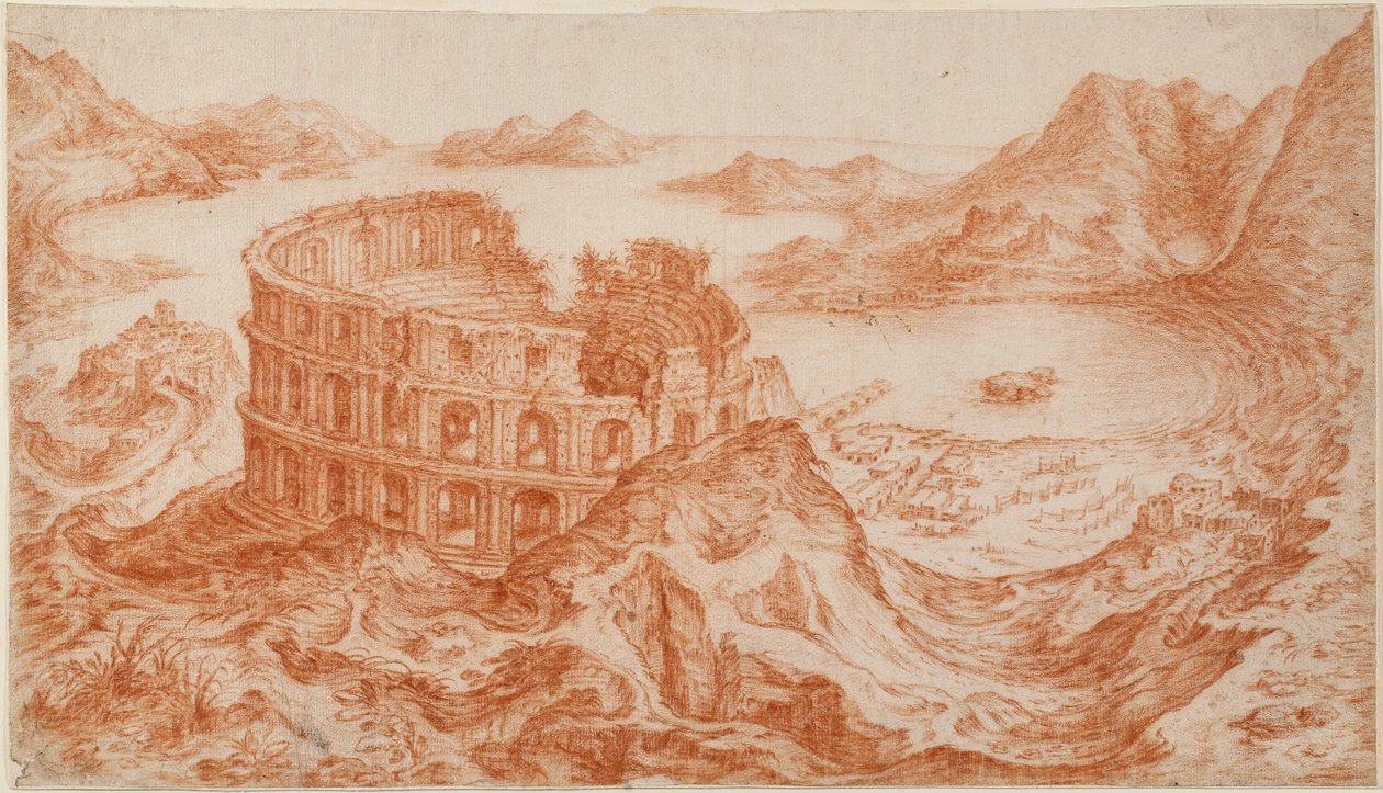 Uitzicht op het Romeinse Amfitheater in Pozzuoli met de Baai van Napels daarachter door Jan van Stinemolen