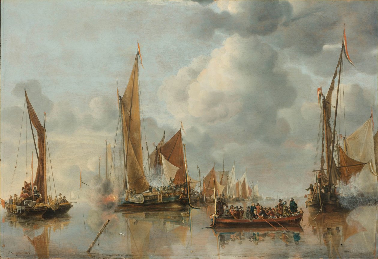 De thuiskomstvloot groet de staatsbark door Jan van de Cappelle