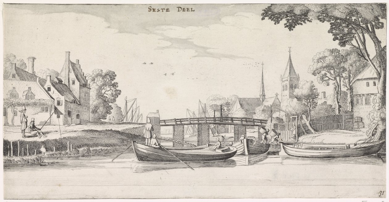 Boten bij een aanlegsteiger in een dorp door Jan van de Velde (II)