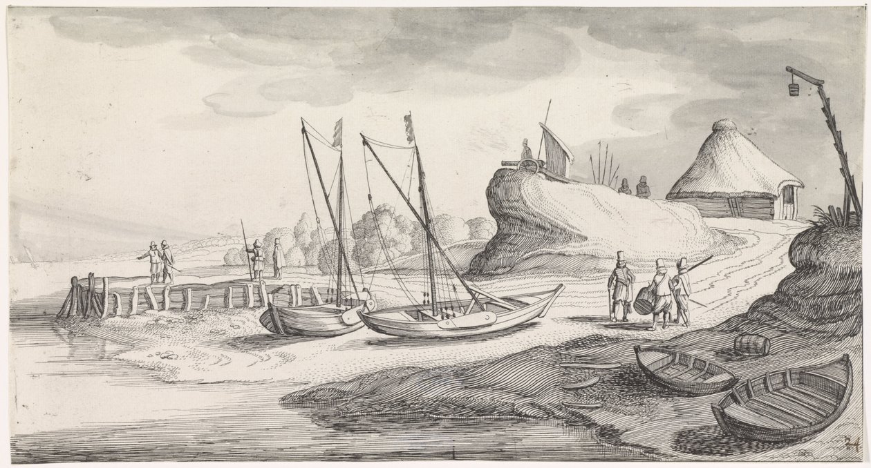 Boten op een rivieroever door Jan van de Velde (II)