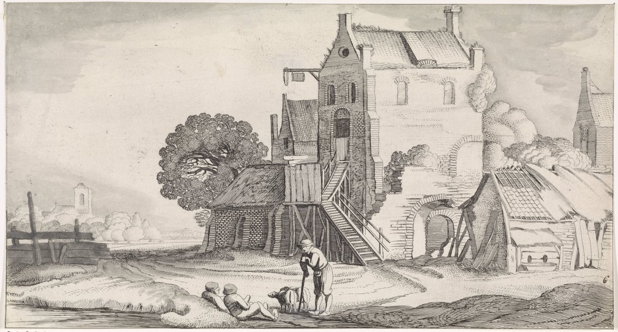 Drie converserende figuren bij een herberg door Jan van de Velde (II)