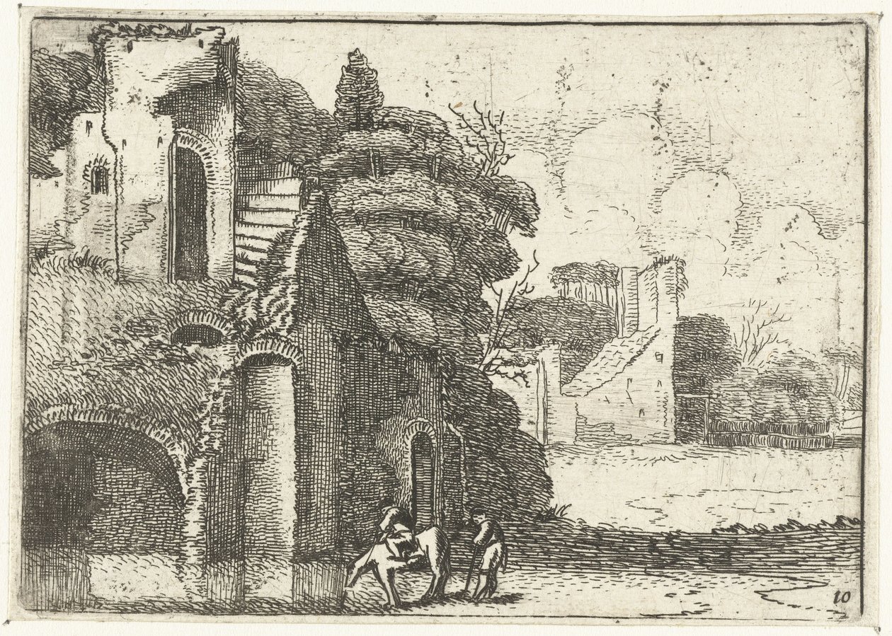 Drinkend paard bij ruïnes door Jan van de Velde (II)