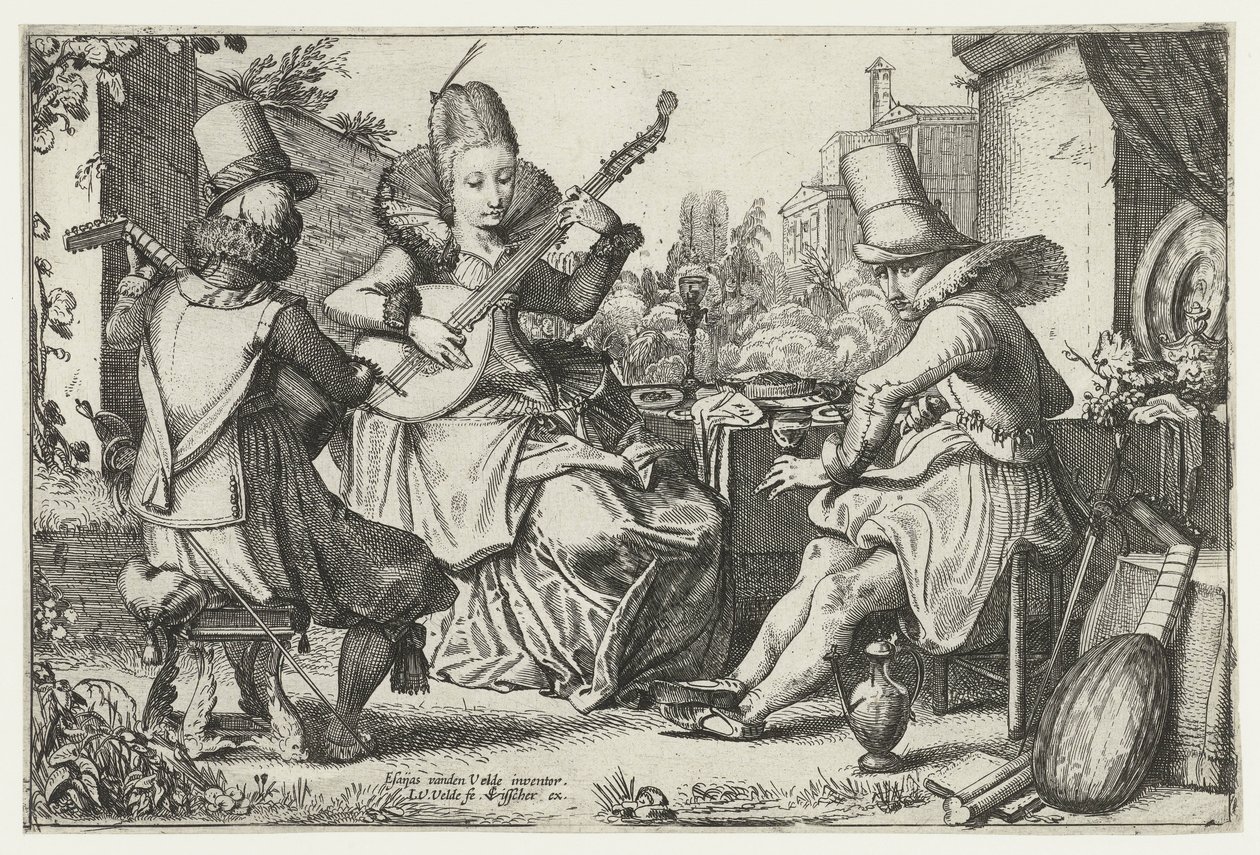 Elegant gezelschap, musicerend in een tuin door Jan van de Velde (II)