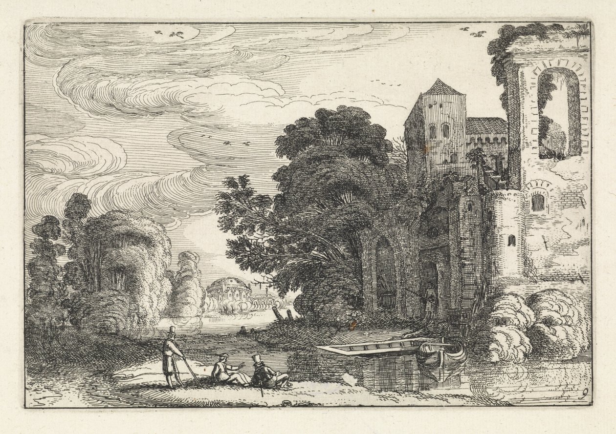 Figuren bij een kasteel bij een rivier Landschappen (series title) Amenissimae aliquot requculae (series title) door Jan van de Velde (II)