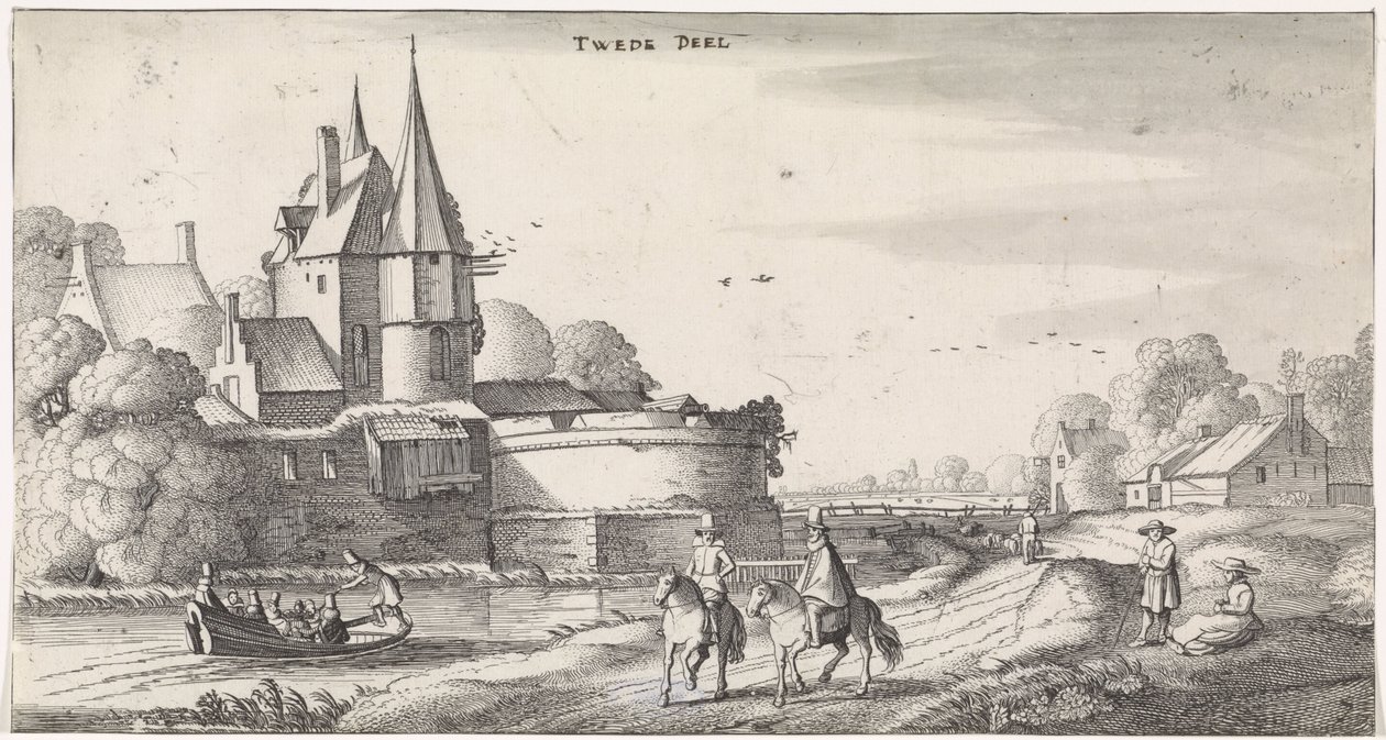 Figuren bij een kasteel in een rivierlandschap door Jan van de Velde (II)