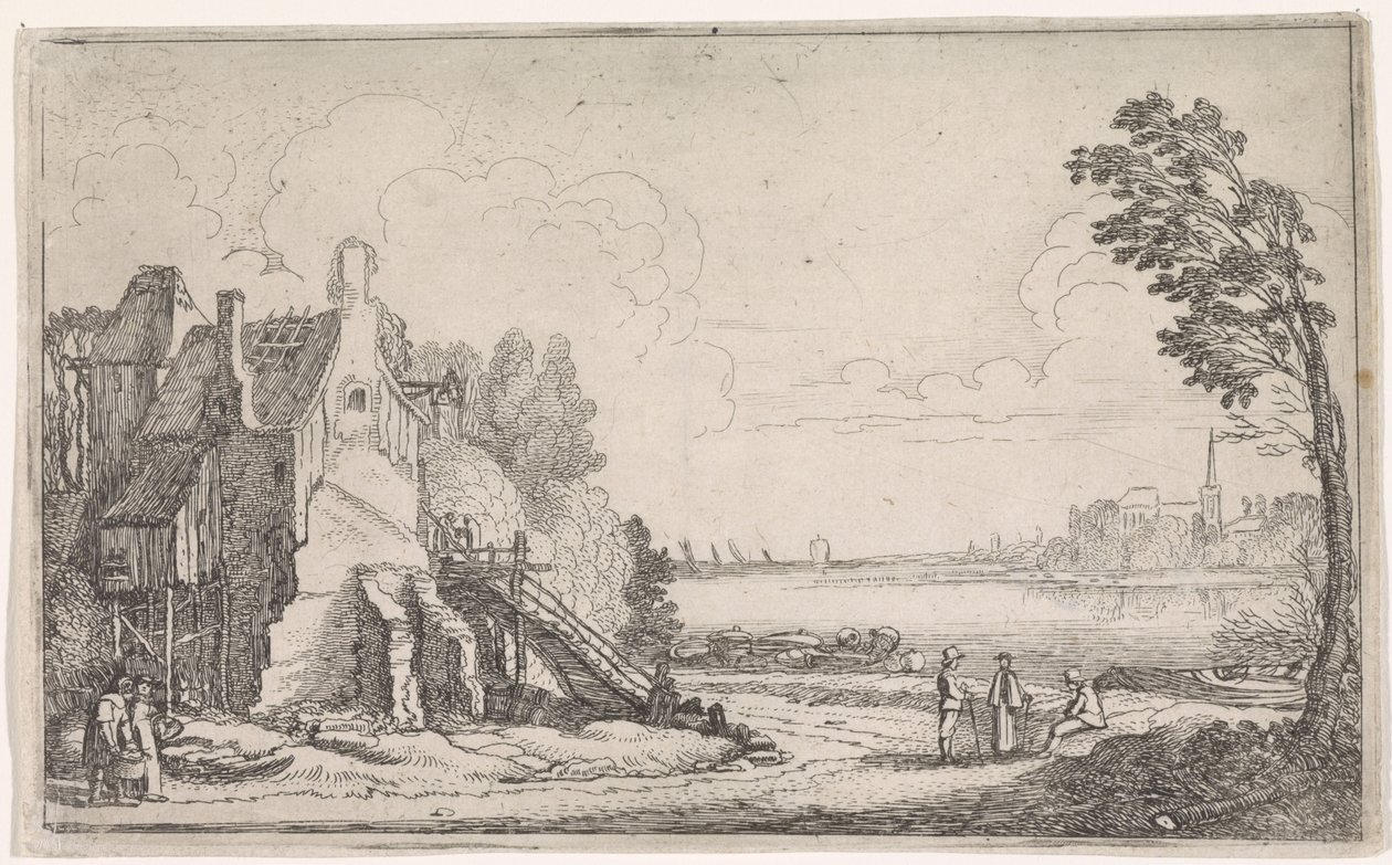 Figuren bij een vervallen huis aan een rivier (Rivierlandschappen) door Jan van de Velde (II)