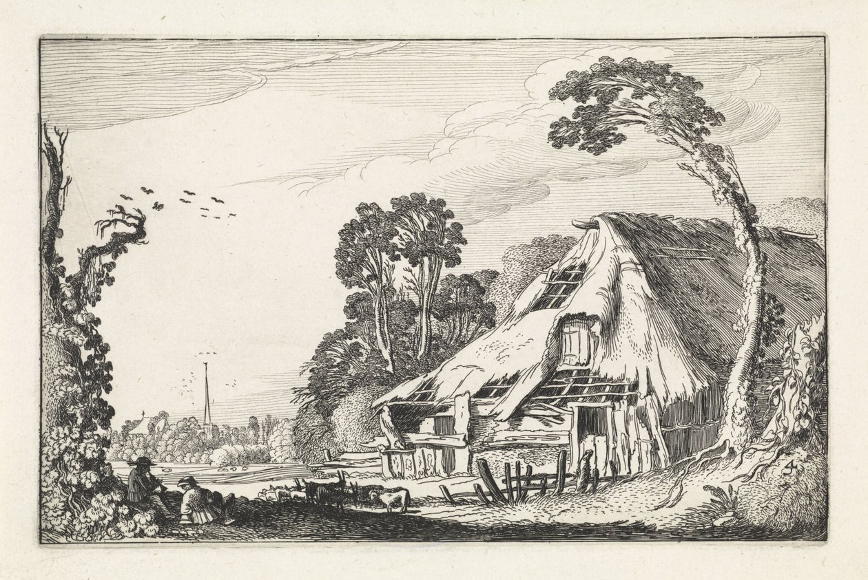 Figuren bij een vervallen schuur door Jan van de Velde (II)