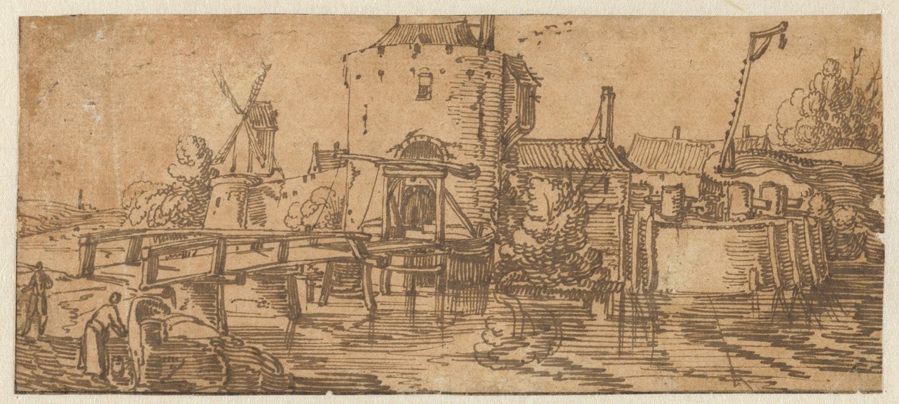 Gezicht op een stad (Culemborg?) met een brug voor een poort door Jan van de Velde (II)